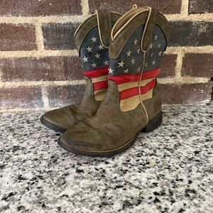 Roper Kids’ American Flag Western Cowboy Boots – Brown Leather, Size 1
